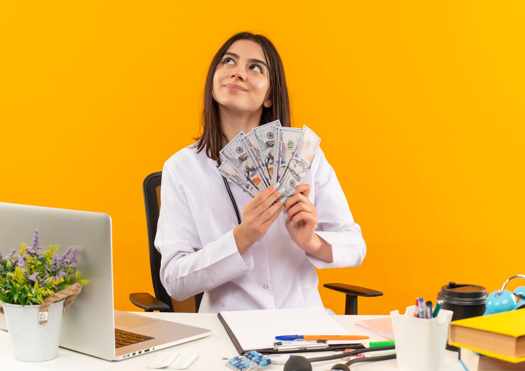 young-female-doctor-white-coat-with-stethoscope-holding-cash-with-dreamy-look-sitting-table-with-laptop-documents-orange-wall_141793-52493